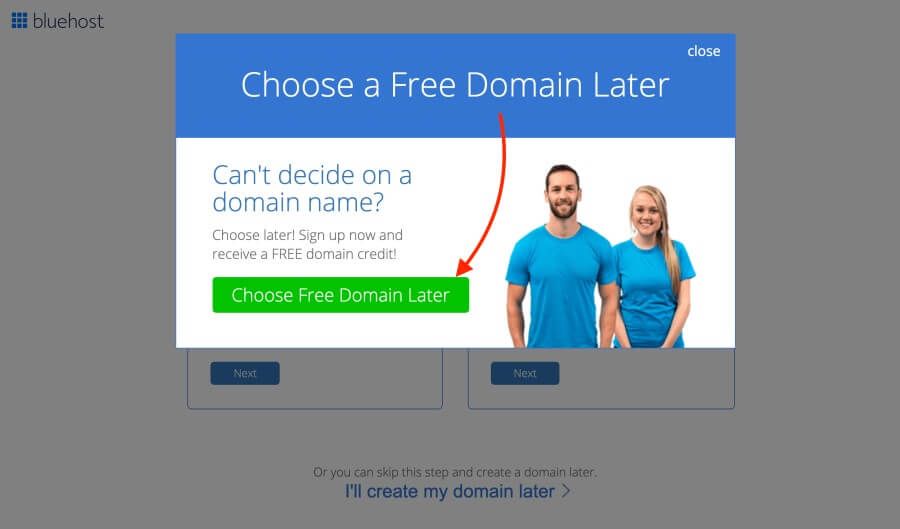 Bluehost-WordPress-tutorial-Choose-domain-name-later